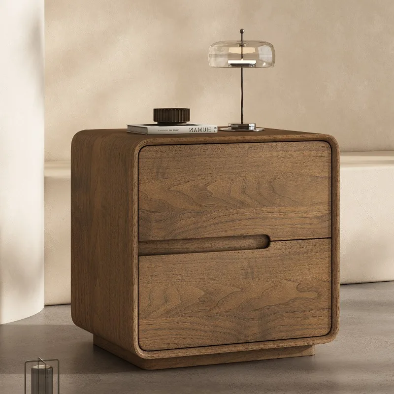 2026 modern simple natural wood grain bedside table left and right two optional anti-collision rounded corner solid wood bedroom