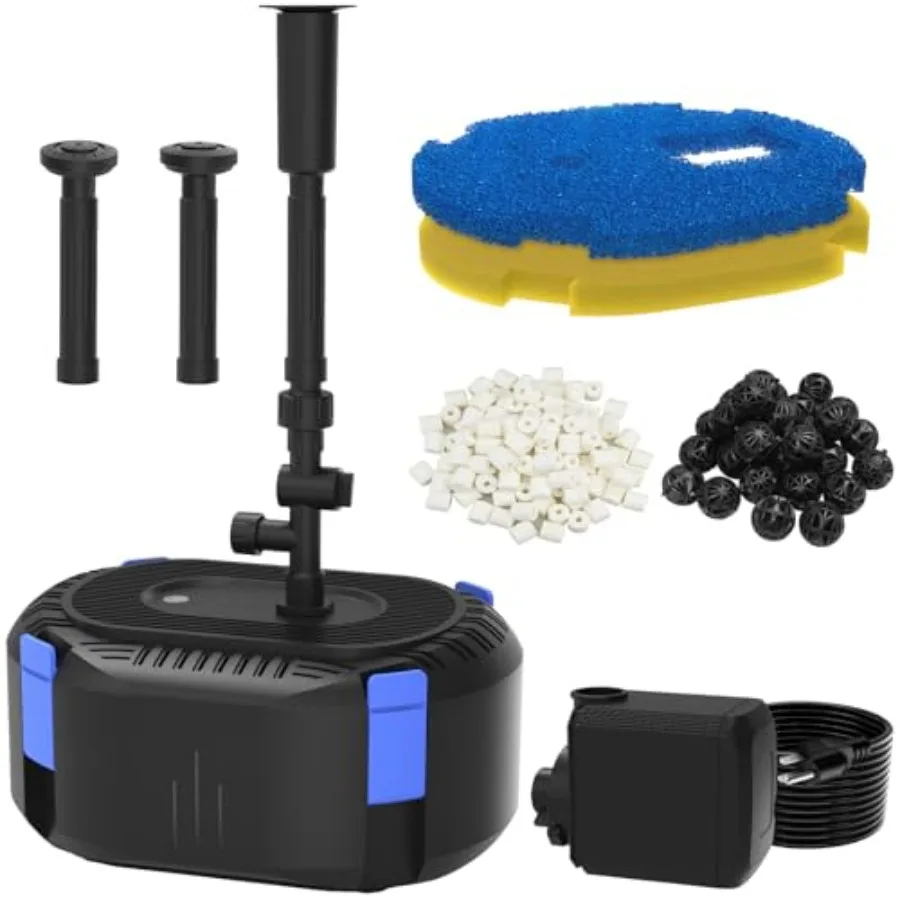 

Outdoor pond filter system for 200-350 gal koi ponds, ABS plastic, black, all-in-one design with fountain pump, 3 spray pattern