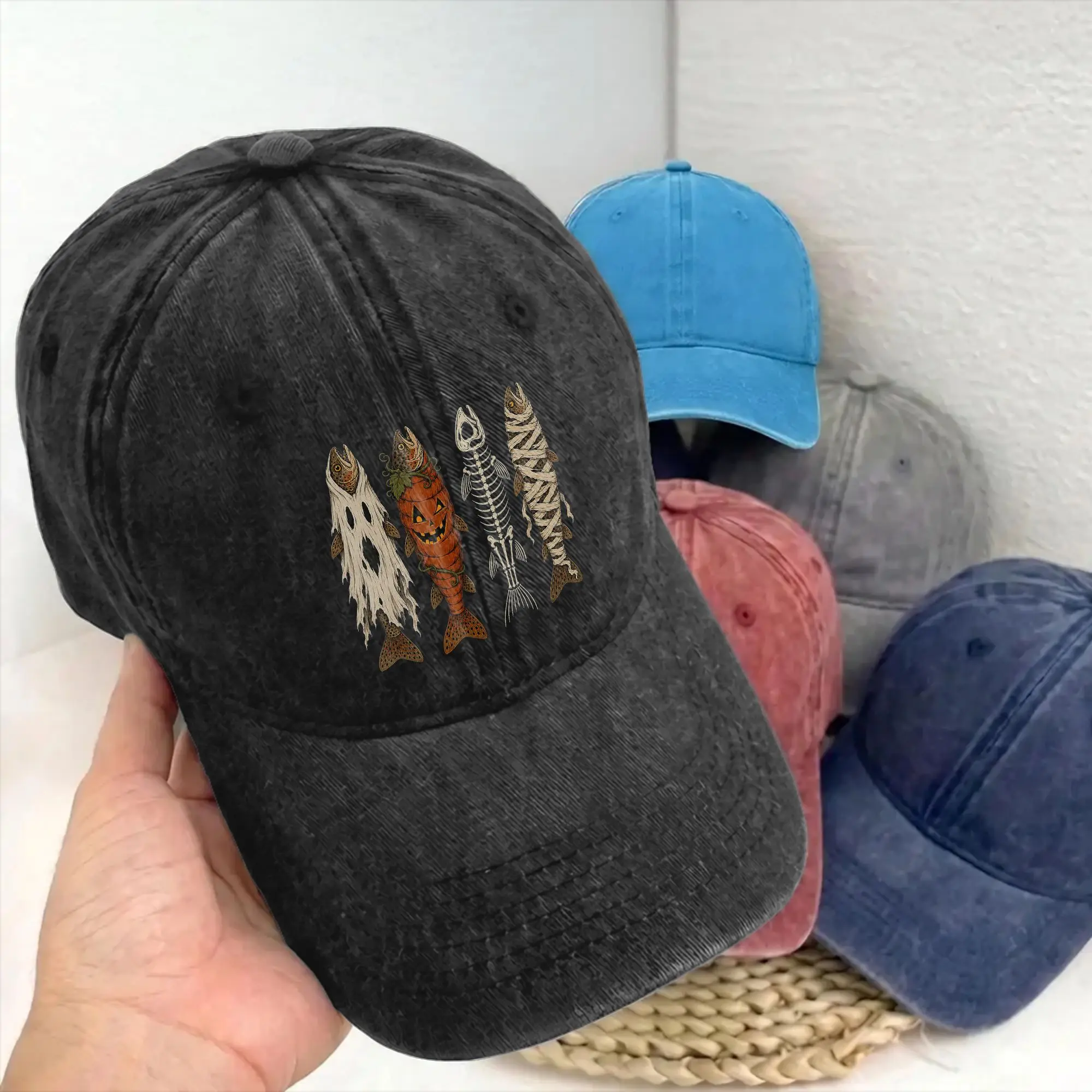 Halloween Trout Fish Ghost Pumpkin Unstructured Baseball Cap Skeleton Mummy Distressed Denim Hats Classic Workouts Adjustable