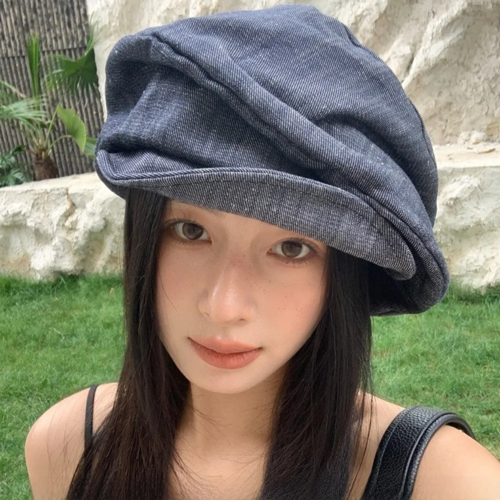 

Casual Japanese Denim Beret Cloud Y2K Octagonal Cap Big Head Circumference Newsboy Pleated Painter Hat Girl