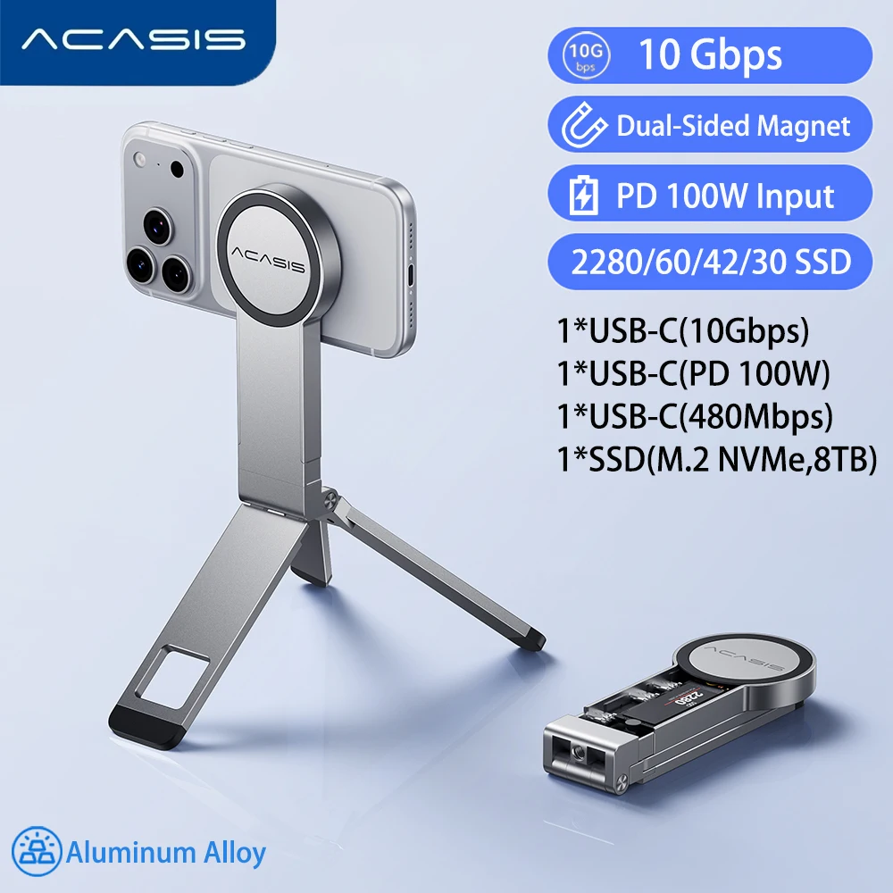 ACASIS M.2 NVMe SSD Enclosure Magnetic Foldable Phone Stand 10Gbps USB‑C 100W PD Charge Support 8TB For iPhone 16 17 18 Series Aluminum Alloy