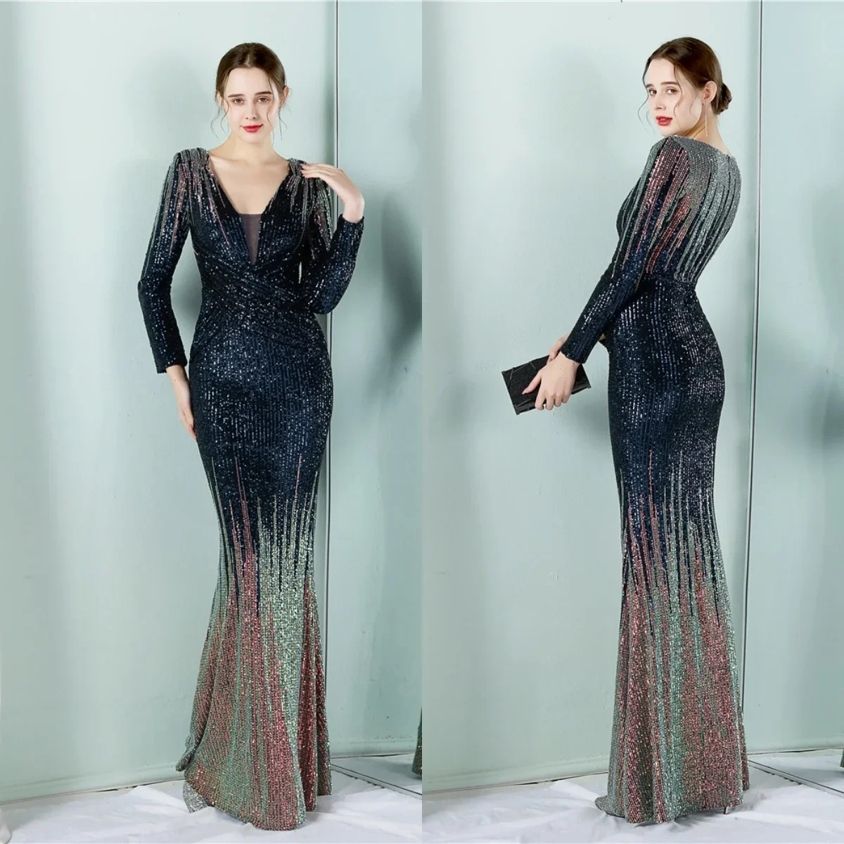 Evening Dress Navy Blue Golden Sequins Stretchy V-neck Full Sleeves Zipper Mermaid Trumpet Floor Length Women Party Formal Gown