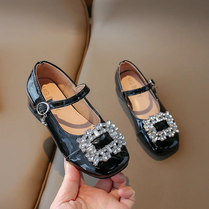 

Shallow Mary Janes Hook & Loop Children's Fashion Party Wedding Shoes Flat Rhinestones Large Buckle Princess Shoes
