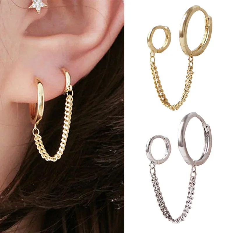 

1PCS Korean Stainless Steel Earrings Double Round Fashion Tassel Retro Long Chain Hoop Metal Earrings Jewelry Wholesale