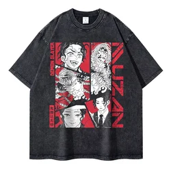 Anime T Shirts Vintage Washed Kibutsuji Muzan T-shirt Oversized Manga Tanjirou Nezuko Tops Tees