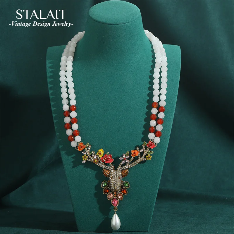 

Винтажное белое кристаллическое олень, рождественские рога лося, длинное многослойное ожерелье, цепочка, красная бусина, стразы, подарок, антикварные ювелирные изделия для женщин, новинка