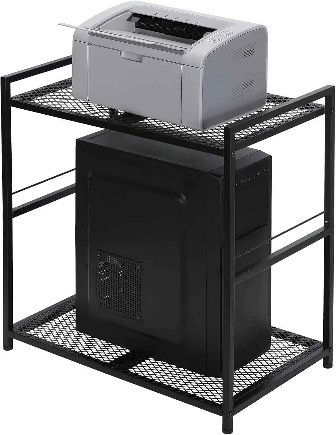 PC Tower Stand Metal Rolling Cart Holds 2 Tier Mobile Printer Stand with Storage Under Desk for Home & Office, Black