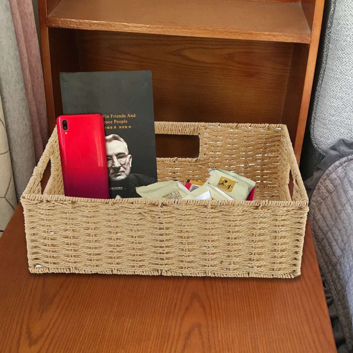 

1Pcs Handheld Rattan Weaving Storage Basket Large Capacity Desktop Sundries Organizer Laundry Container Desktop Basket