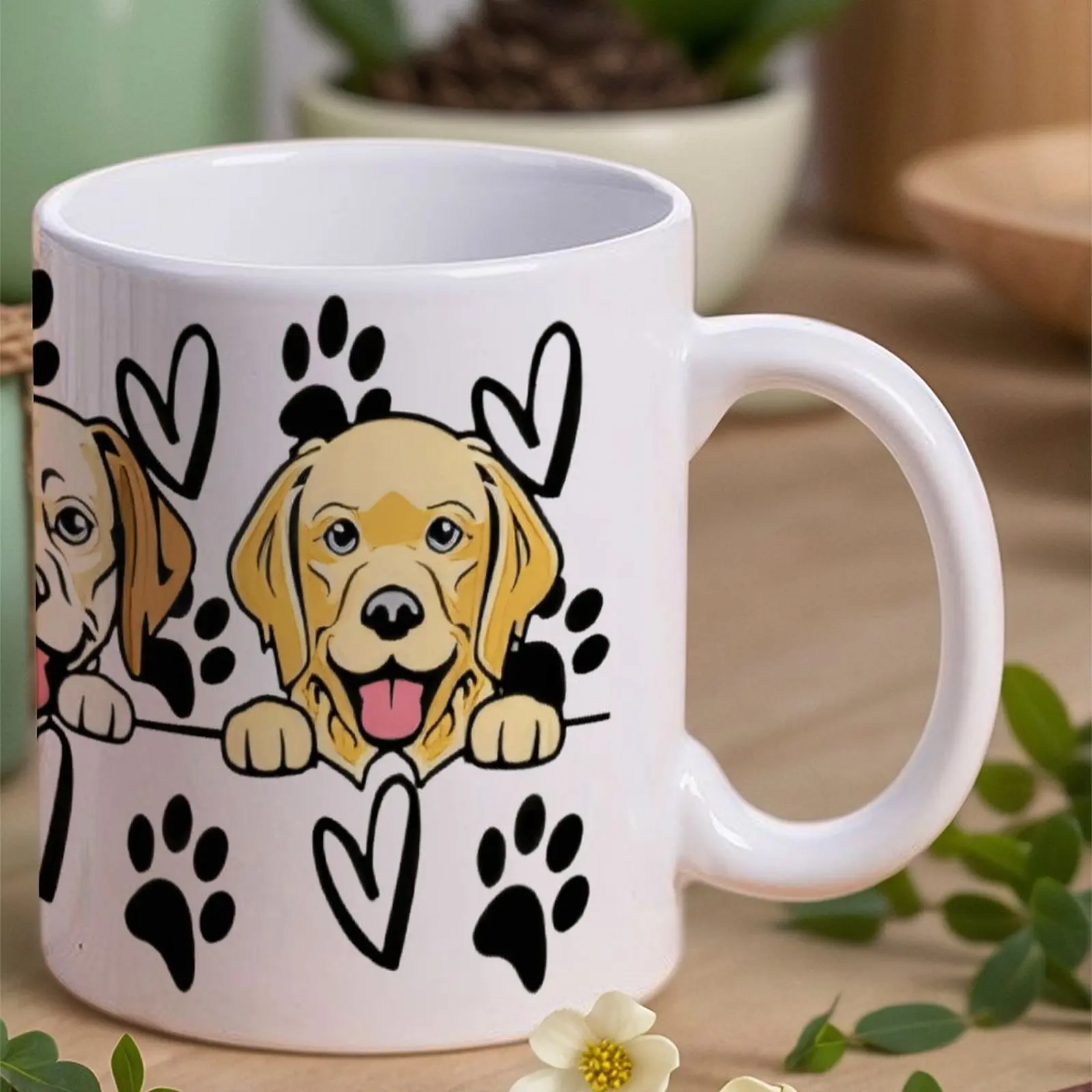 Tres perros con corazones y huellas de patas en una taza de fondo blanco, botella de agua de 330 ml para ropa de descanso