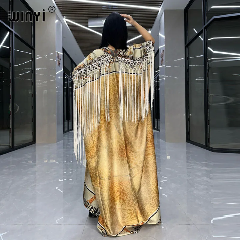 WINYI Saudi Arabic Muslim Abaya for Women Printed evening dress coat Beach Wear elegant Holiday party tassels Cardigan Vestidos