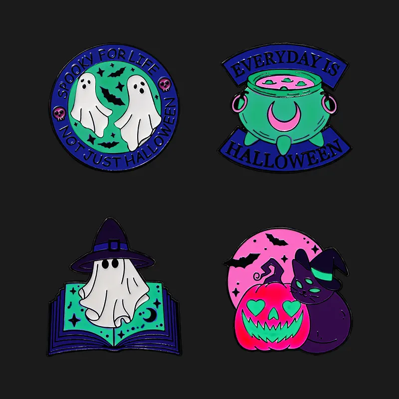 Классические светящиеся в темноте эмалированные булавки на Хэллоуин, жуткие для жизни, призрак, кошка, волшебник, летучая мышь, голова тыквы, узор, броши