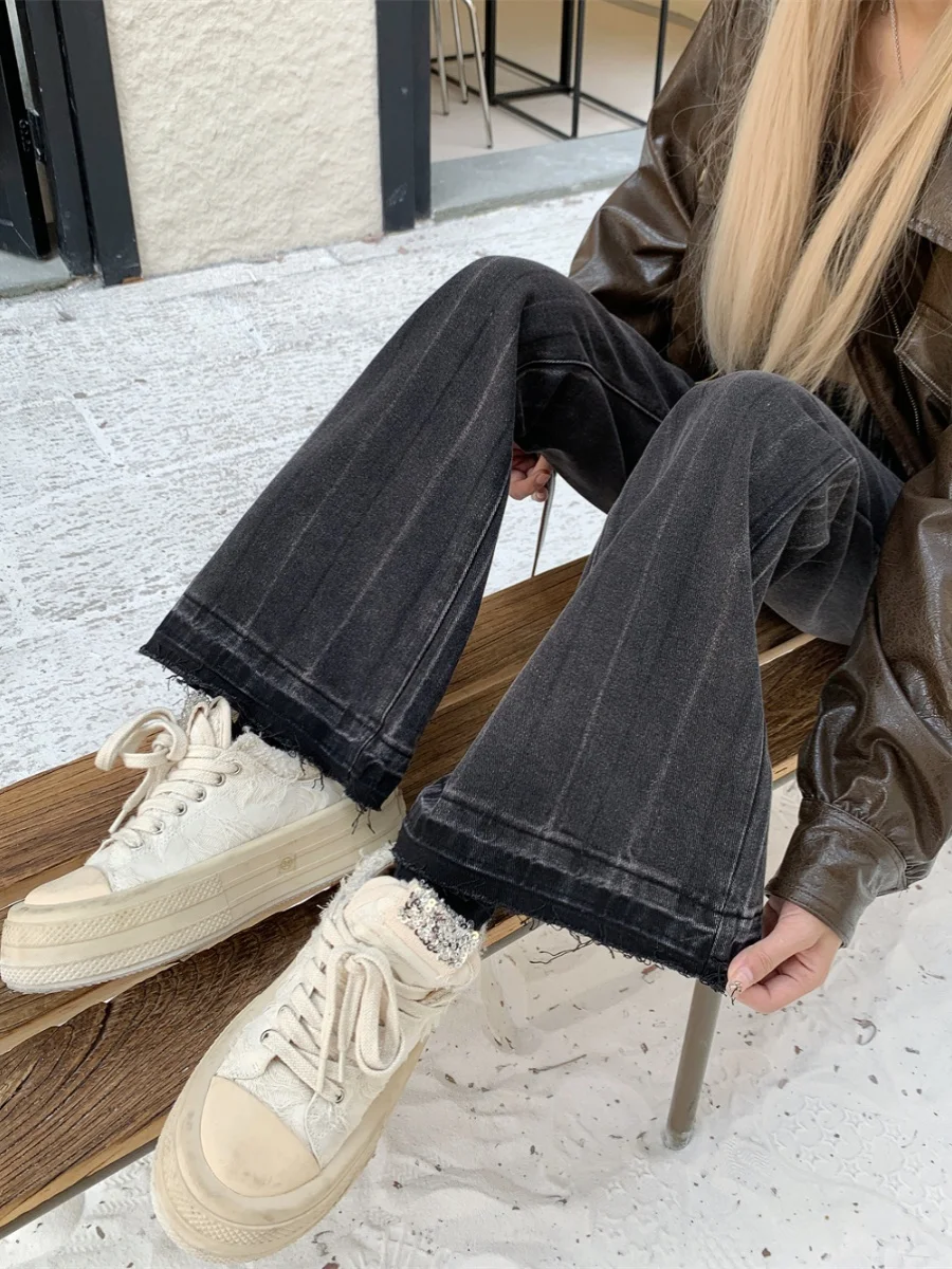 

Retro High Waist Wide Leg Straight Cut Denim Jeans Women plus Size Bootcut Hemline Bla ey Winter Long Pants Ladies Jeans