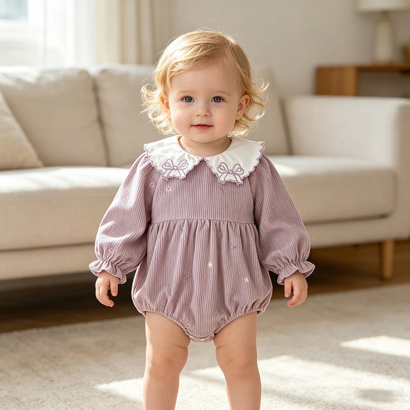2026 Baby-Mädchen Cord-Strampler 0-24M Süßer Schleifenkragen mit Stickerei Langarm-Body für Kleinkinder Mädchen Frühling Winter Jumpsuit – Detail 16