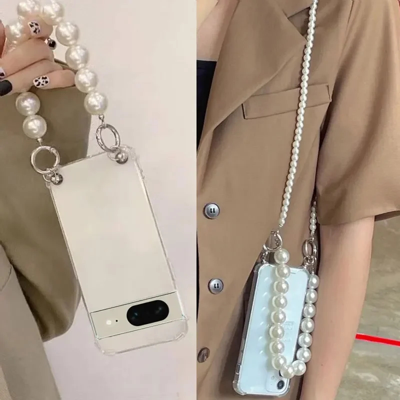 For Pixel 10 Pro XL Pearl Chain Crossbody Necklace Lanyard  Silicone Case for Google Pixel10 9Pro 9A Clear Soft Shockproof Cover