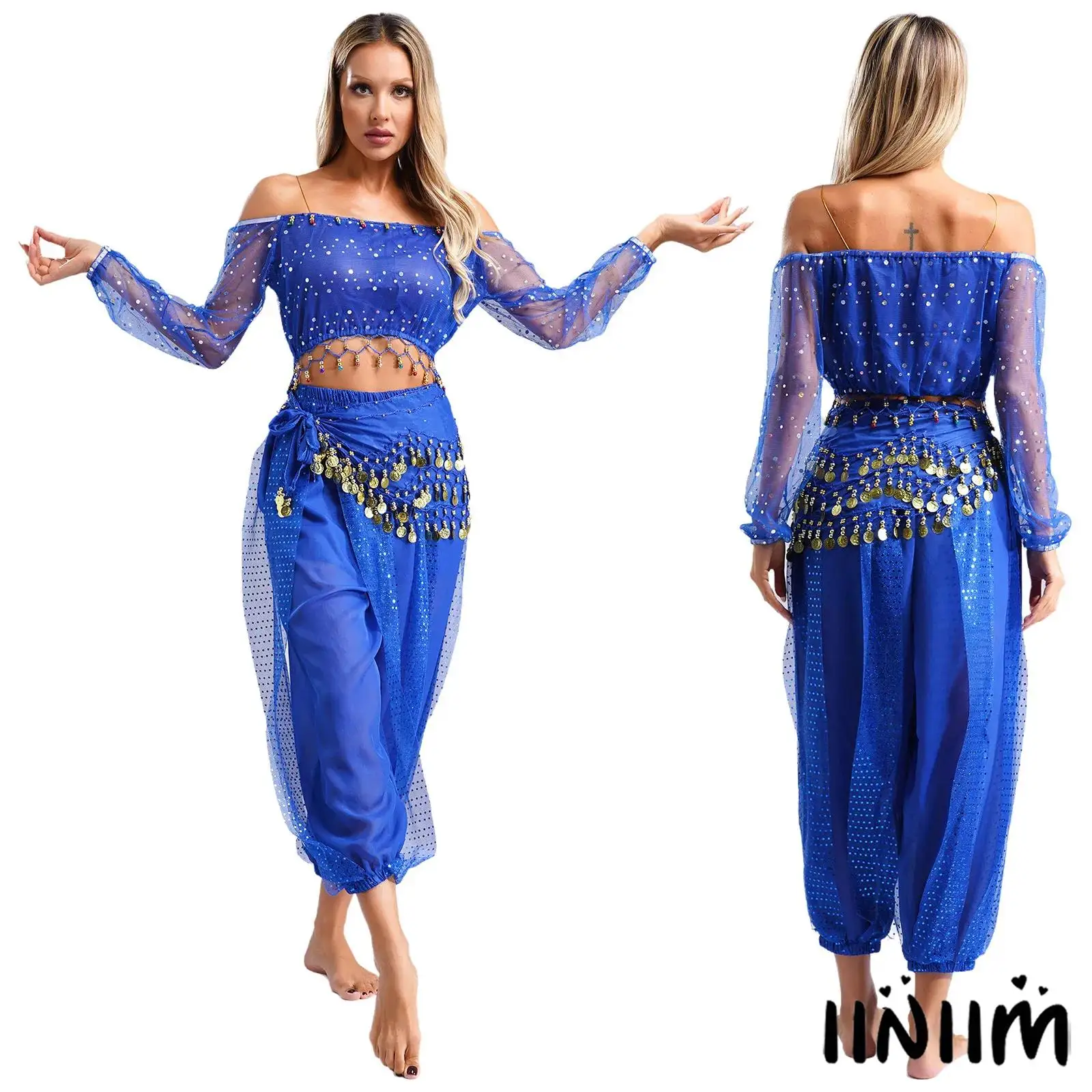 

3pcs Oriental Belly Dancewear Sequin Crop Top with Bloomers Pants And Hip Scarf Training Clothing Carnival Festival Outfits