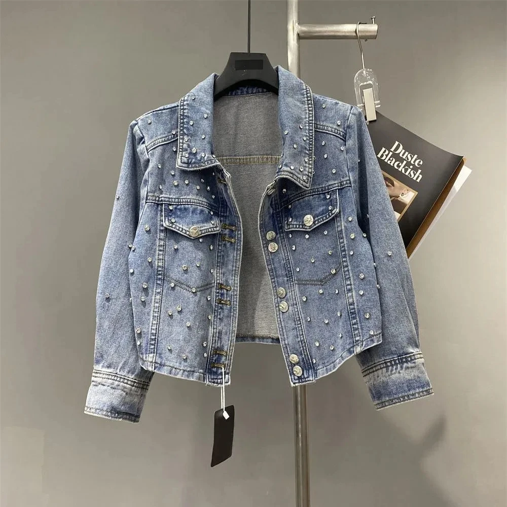European Fashion Diamond Studded Denim Jacket Spring Autumn Cardigan Top Classic Lapel Short Coat Women's Motorcycle Outwear