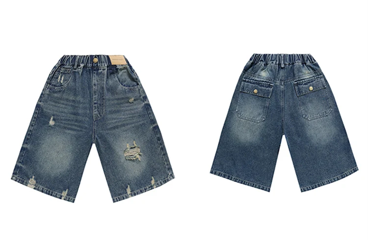 Sommer Vintage Kinder Koreanische Mode Loch-Denim-Shorts Mädchen Lässige Über-Knie-Denim-Hosen Elegante Zerrissene Mini-Jeans für Teenager – Detail 7