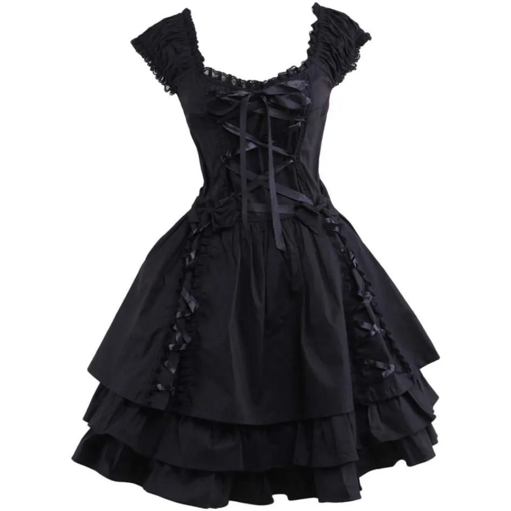 Klassisches schwarzes mehrlagiges Goth-Lolita-Kleid mit Schnürung für Damen, elegante Partykleidung mit Spitze und Schleife, Halloween-Anime-Dienstmädchen-Kostüme