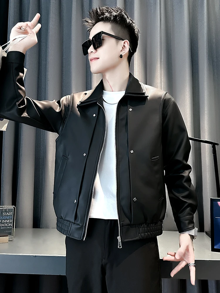 

Мужская кожаная куртка с двойным воротником, модная, осенне-зимняя, новая модель, длинная, ветрозащитная, теплая, с эластичным подолом