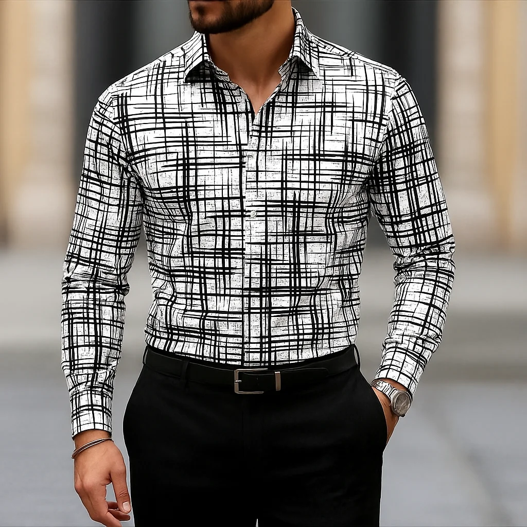 

2025 Men's Long Sleeve Shirt Casual Slim Fit Button Down Shirt Linear Stripe Texture Shirt For Men Fashion Top Blouse Male Tees