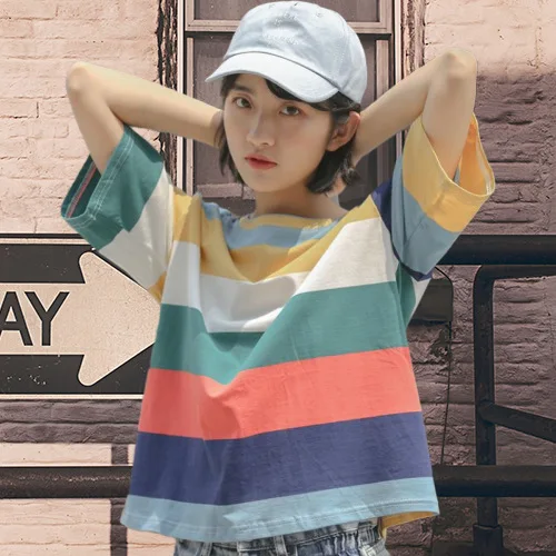 

MRMT 2023 Brand New T-shirt Women's Short-sleeved Style Round Neck Summer All-match Top With Rainbow Stripes Women's Tshirt