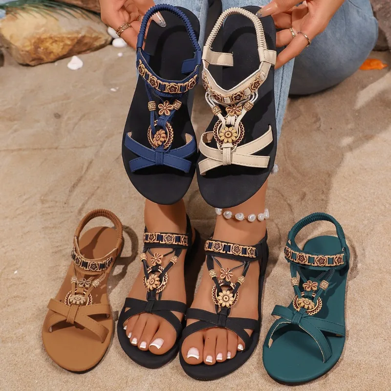 New Flower Beads Bohemian Flat Sandals for Women Summer 2026 Roman Style Comfort Lightweight Non Slip Women's Sandalias De Mujer