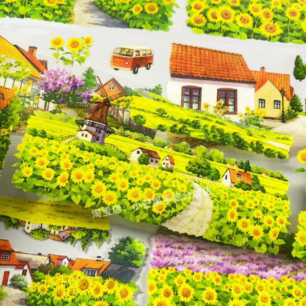 1 Loop Washi PET Tape Sunny Countryside Sunflower Windmill Pattern Sticker Journal Decoration DIY Stationery Adhesive Sticker fo