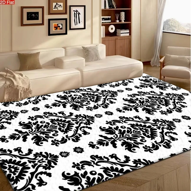 Black‑White Classic Damask Baroque Floral Carpet Flooring, Monochrome Vintage Symmetrical Repeating Pattern Area Rug for Living Room Bedroom Home Decoration