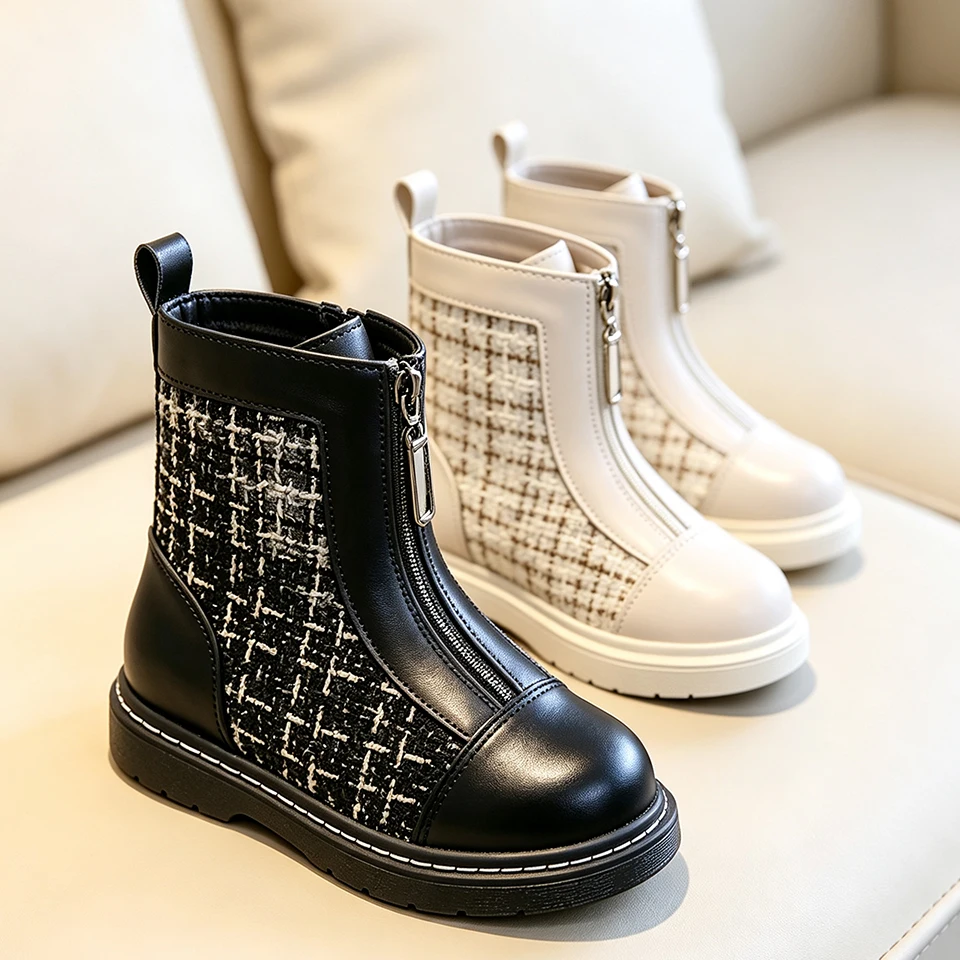 Fashion Chelsea Classic Tweed Plaid Patchwork Booties Girls Ankle Boots Kids Walking Shoes for School Party Holiday Daily Indoor