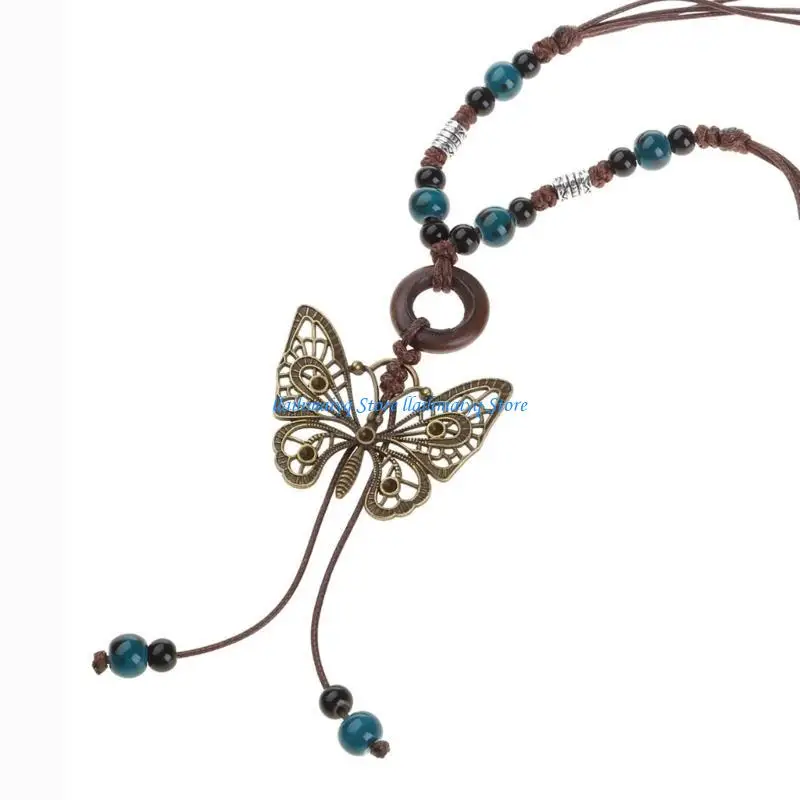 573B Vintage Color Beads Butterflies Necklace for Women Couples Clavicle Chain