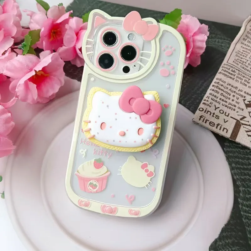 Nova kawaii sanrio olá kitty capa de telefone de silicone macio com suporte adequado para iphone 16 15 14 12 13 11 pro max alta beleza