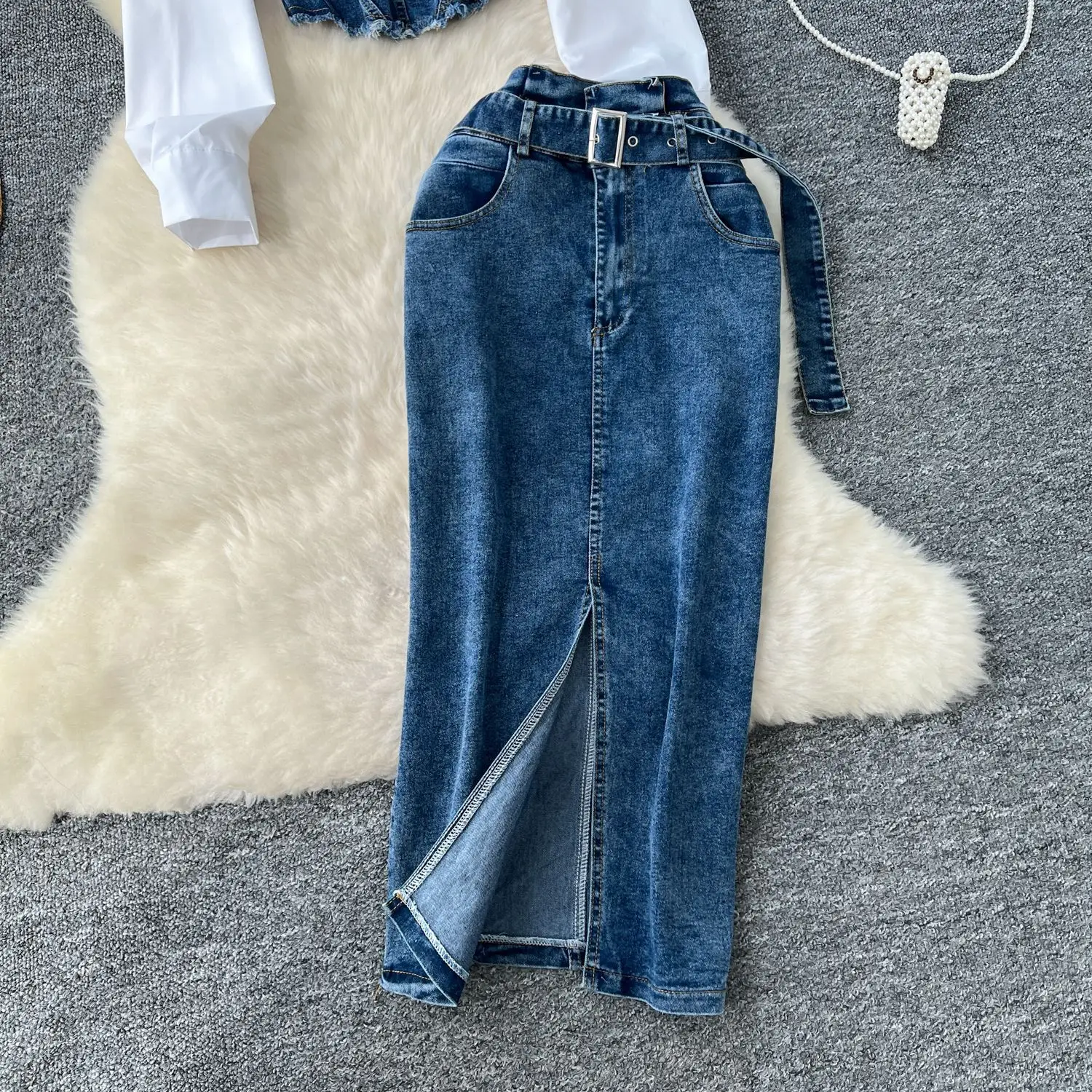 Mode Spleißen Gefälschte Zwei-stück Langarm-shirt frauen Gürtel Taille Denim Rock Zwei-stück Set