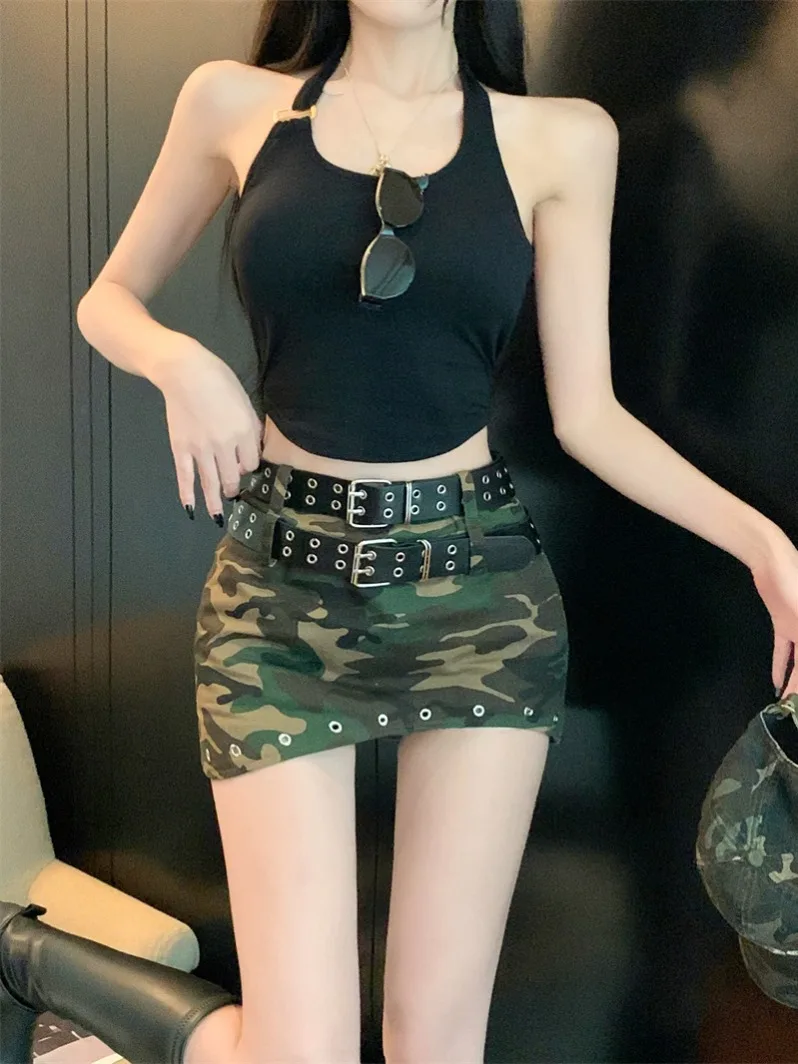 KUSAHIKI Retro Camouflage Half Skirt for Women Summer Spicy Girls Niche Tight Fit High Waist Slimming A-line Skirts with Belts