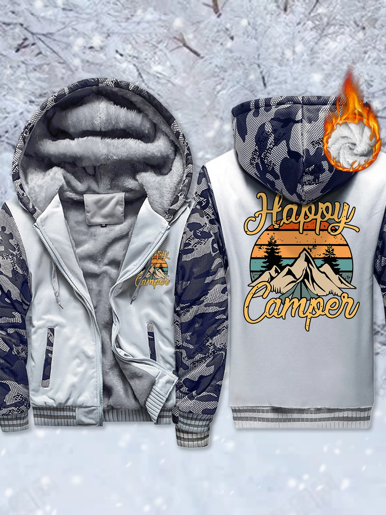 

Happy Camper Mountain с принтом и карманами, утепленные новые куртки, мужская зимняя верхняя одежда на молнии, теплое удобное пальто, базовая флисовая спортивная одежда