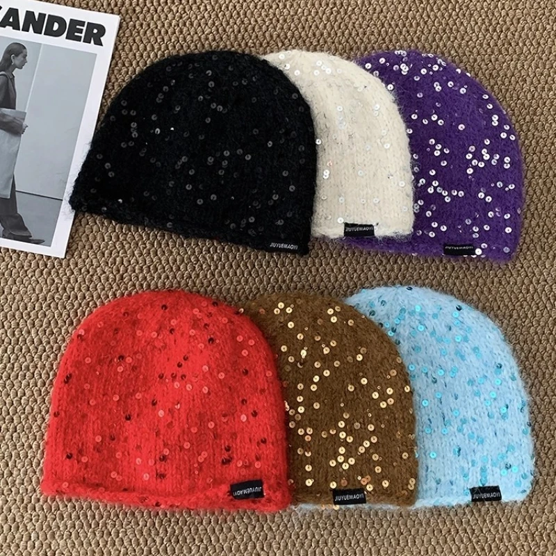 Ins Fashion Sequined Mohair Knitted Beanies Y2K Winter Warm Versatile Atmosphere Personality Pullover Hats for Men and Women