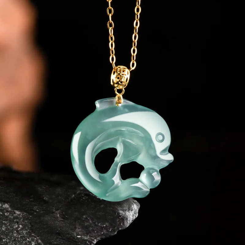 Genuine Natural Emerald Blue Dolphin 18K Gold Inlaid Ice Jade Fashionable Women's Pendant