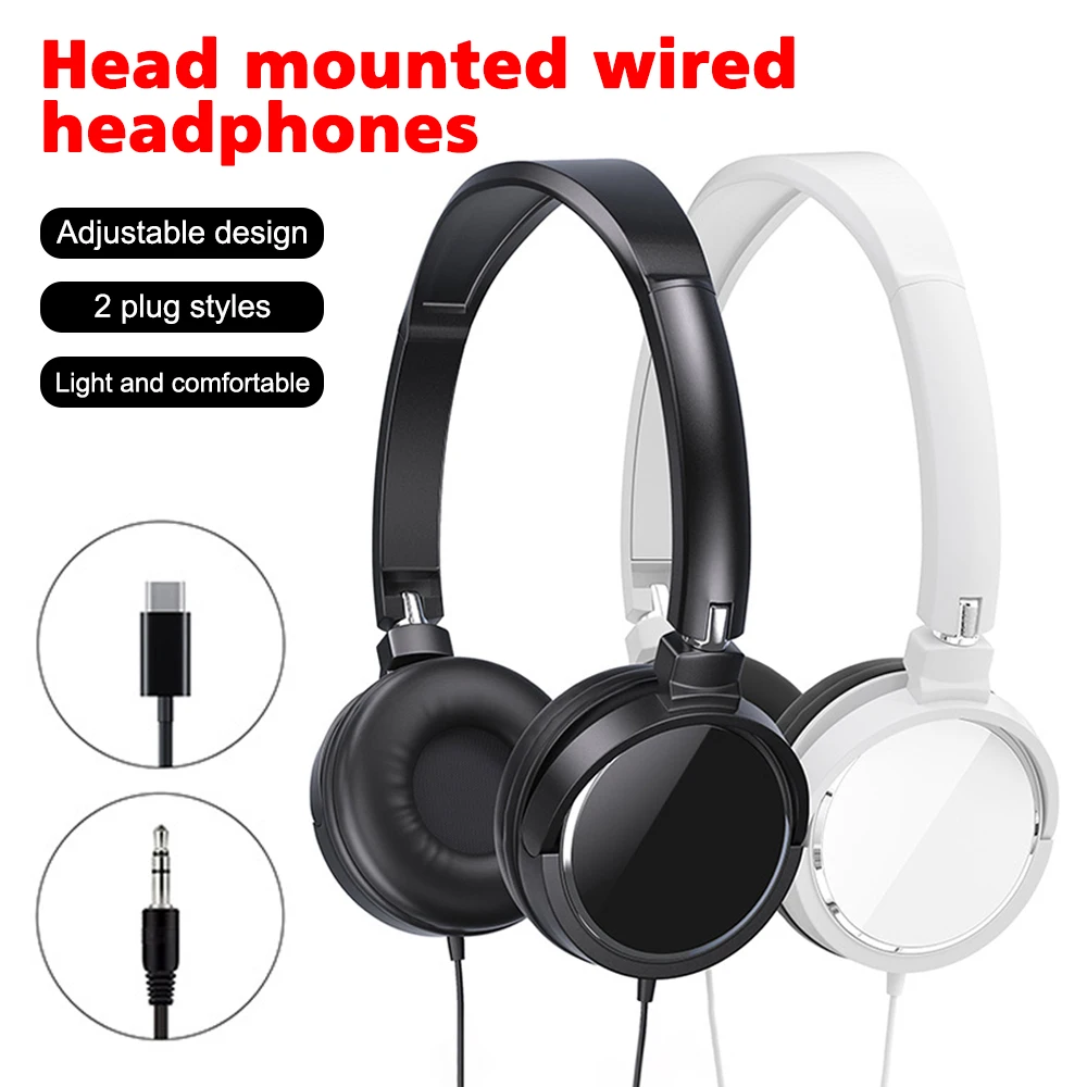 3.5mm/Type-C Wired Headphones Foldable Adjustable Headset Bass Stereo Earphones For Pc Mp3 Mobile Headphones With Noise Cancel