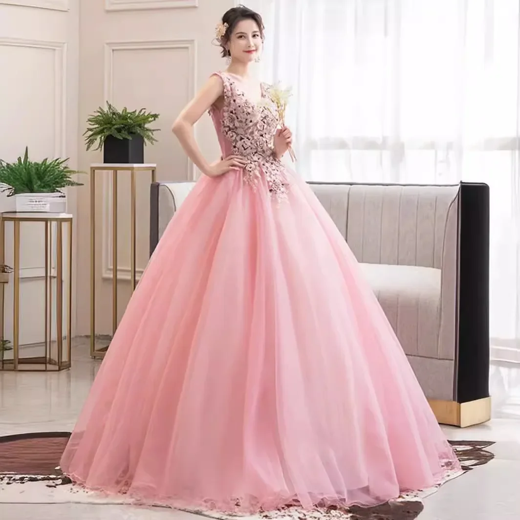 Gaun Prom Leher V Applique Renda 3D Gaun Pesta Gaun Pesta Malam Formal Murah Merah Muda Vestidos De 15 Quinceañera Robes De Soirée