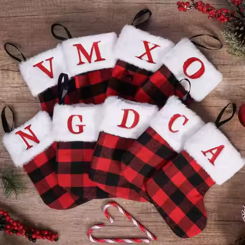 Vintage Christmas Alphabet Knitted Socks Large Capacity Exquisite Candy Holder Black Grid Pattern Candy Gift Bags Xmas Gift