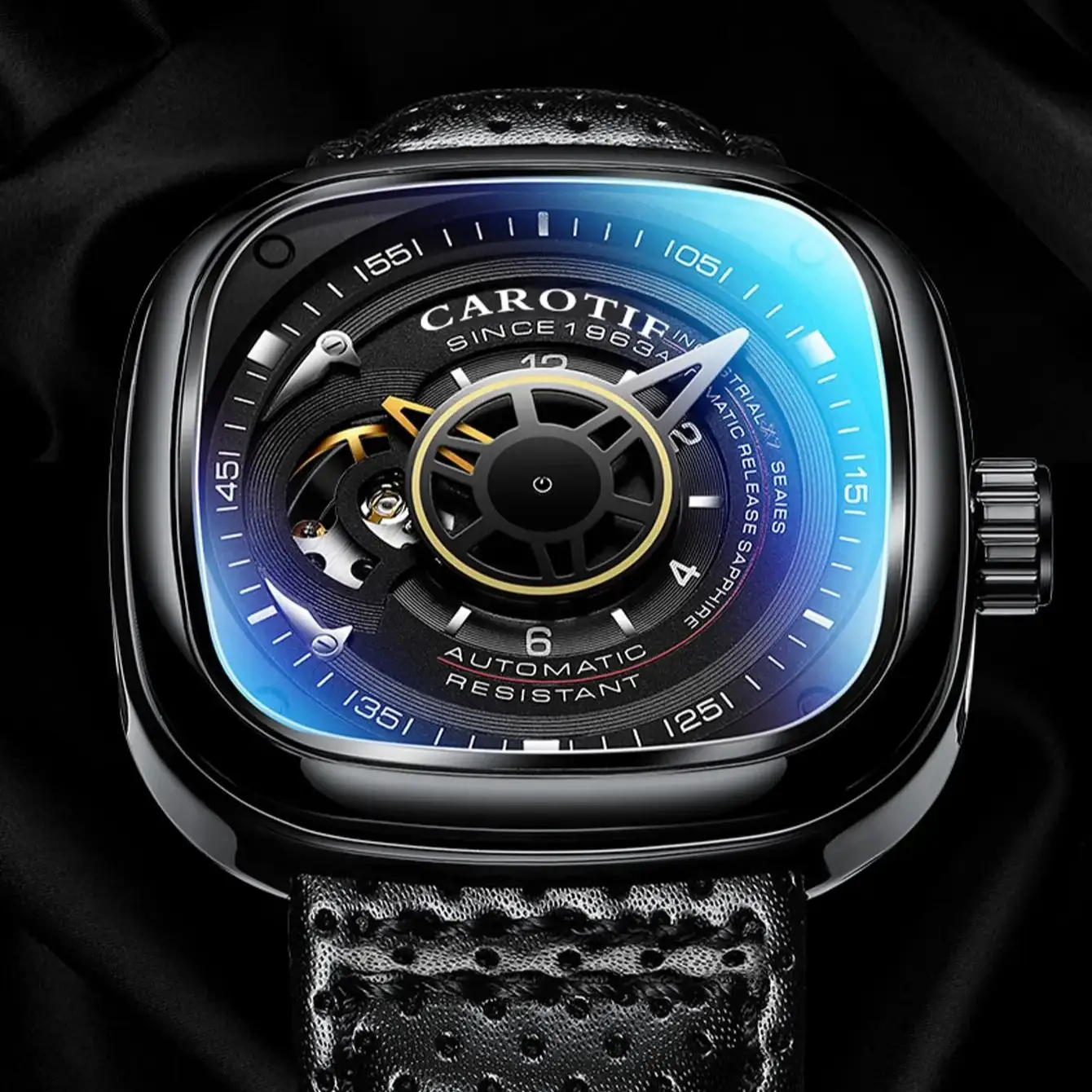 New Men's Black Alloy Case Casual Square Fully Automatic Hollow Mechanical Watch Leather Strap Fashion Men Mechanical Watches