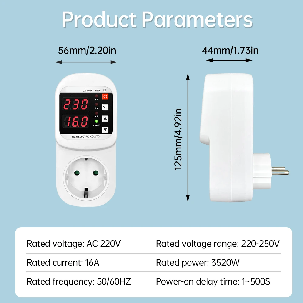 Automatic Voltage Current Protector Socket AC 220V Adjustable 16A Power Surge Protector EU Plug Socket