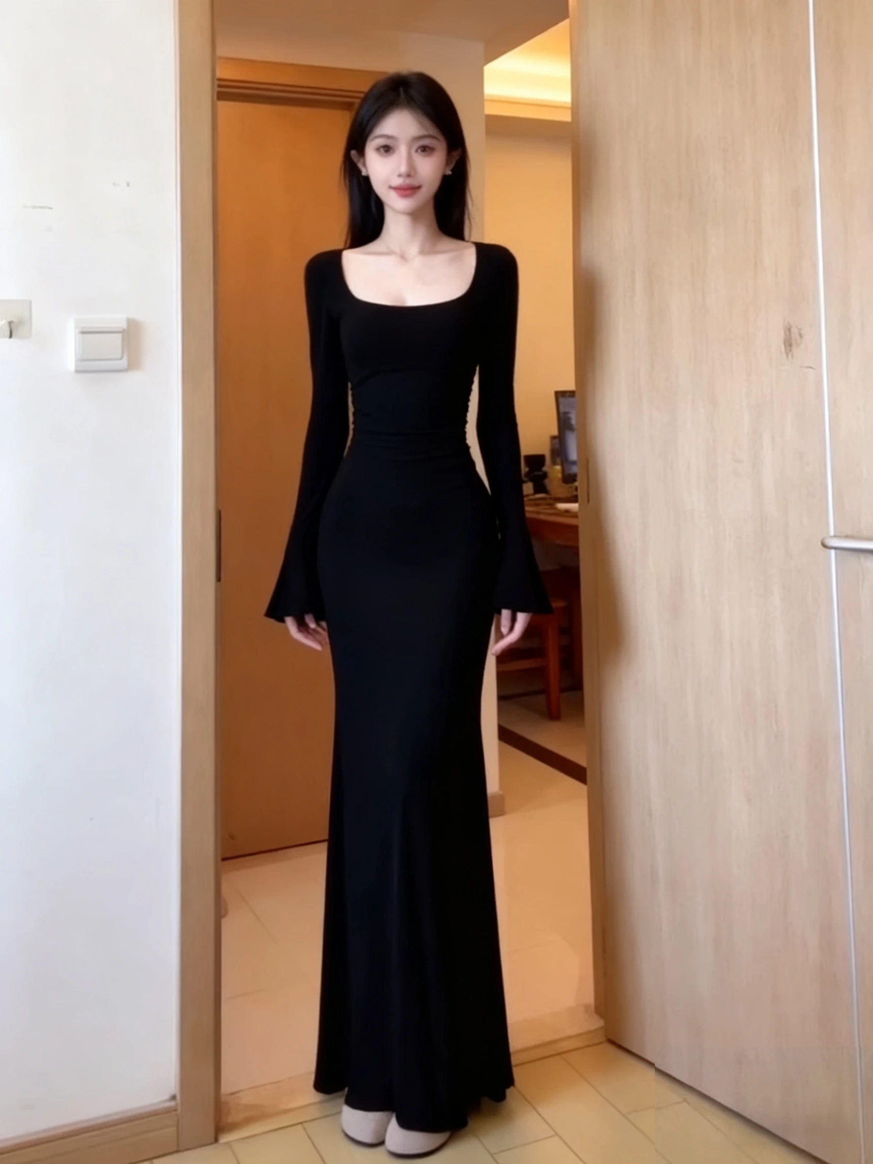 긴소매 여성 민사 결혼식 가을 니트웨어 스모크 버튼 패널 허리 조임 레귤러 핏 프레피 스타일 우아한 드레스