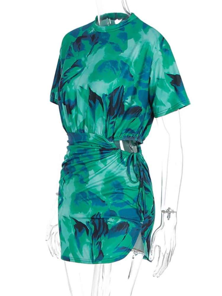 Mini abito estivo sexy moda donna elegante pullover casual Y2K partito pieghettato scava fuori abiti a maglietta con lacci a maniche corte