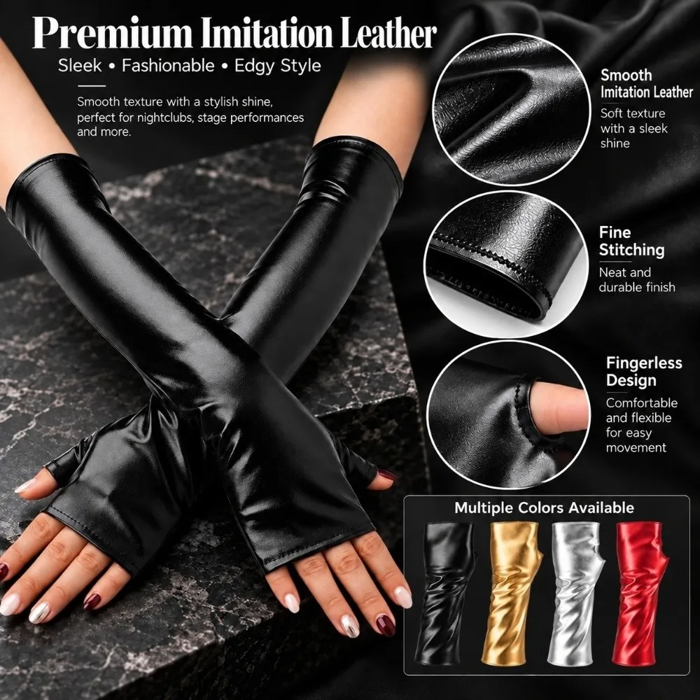 1 Pair Glossy Finish Fingerless Gloves Punk Style Imitation Leather Performance Gloves Thin Girl's Sleeve Set