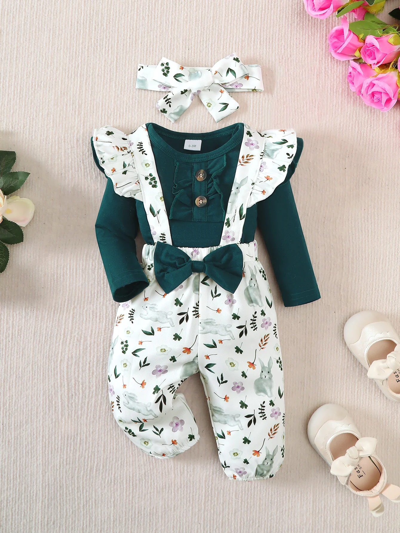 Casual 2-Piece Set: Solid Color Casual Long-Sleeve Top + Large Bow Lace Decoration Floral Suspender Pants Set + Headwear