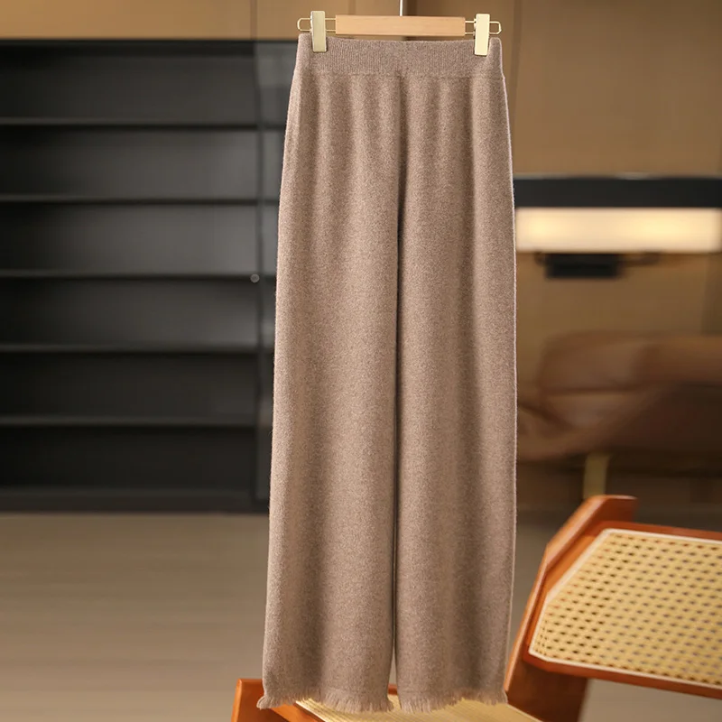 Thickened four-plain pure cashmere pants for women, loose-fitting straight-leg knit cashmere pants