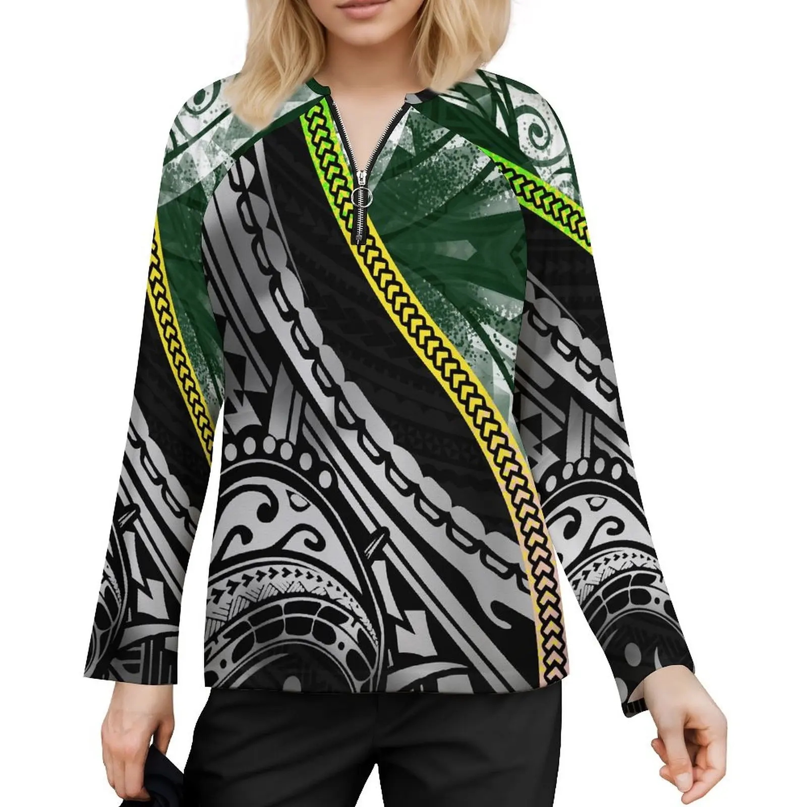 

High Quality Women'S Long Sleeve Top Custom V-Neck Zipper Neckline Design Temperament Loose T-Shirt Polynesian Tribal Peoples