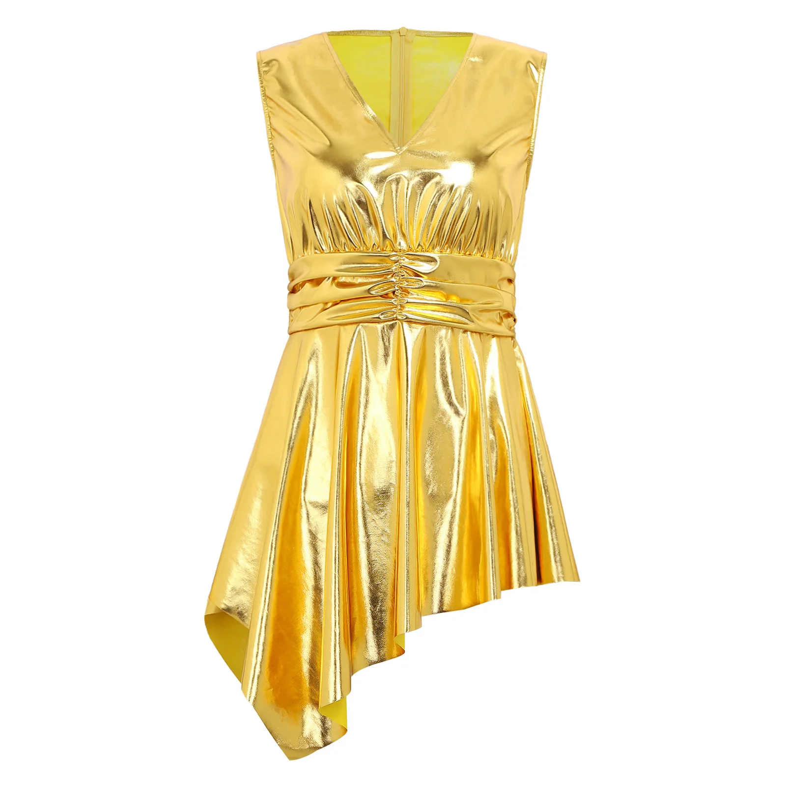 

Women Sparkly Metallic Top Blouse V Neck Sleeveless Back Hidden Zipper Ruched Design Blouse Tunic Metallic Cocktail Party Tops