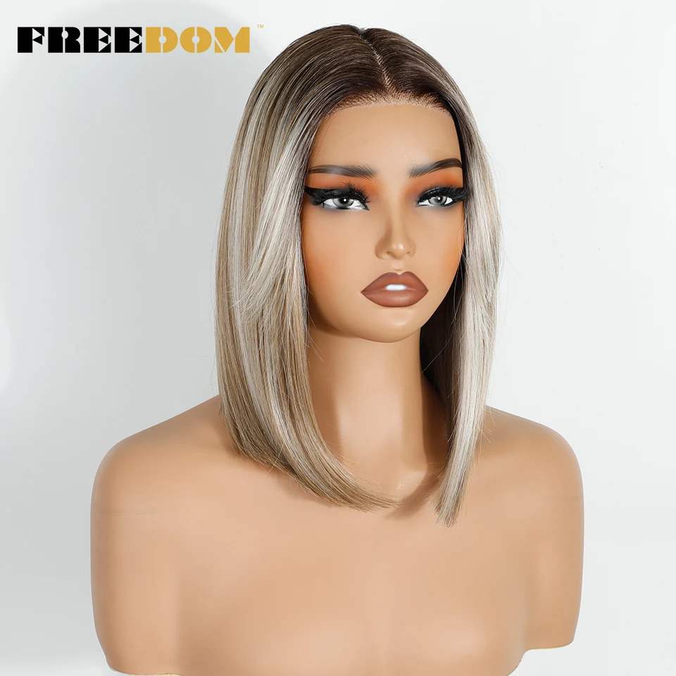 FREEDOM Synthetische Spitzenperücken für Frauen, 12 Zoll kurzer Bob, vorgezupfte, vorgeschnittene Perücke mit Pony, Ombre Braun-Blonde Perücken, Cosplay-Perücke – Detail 7