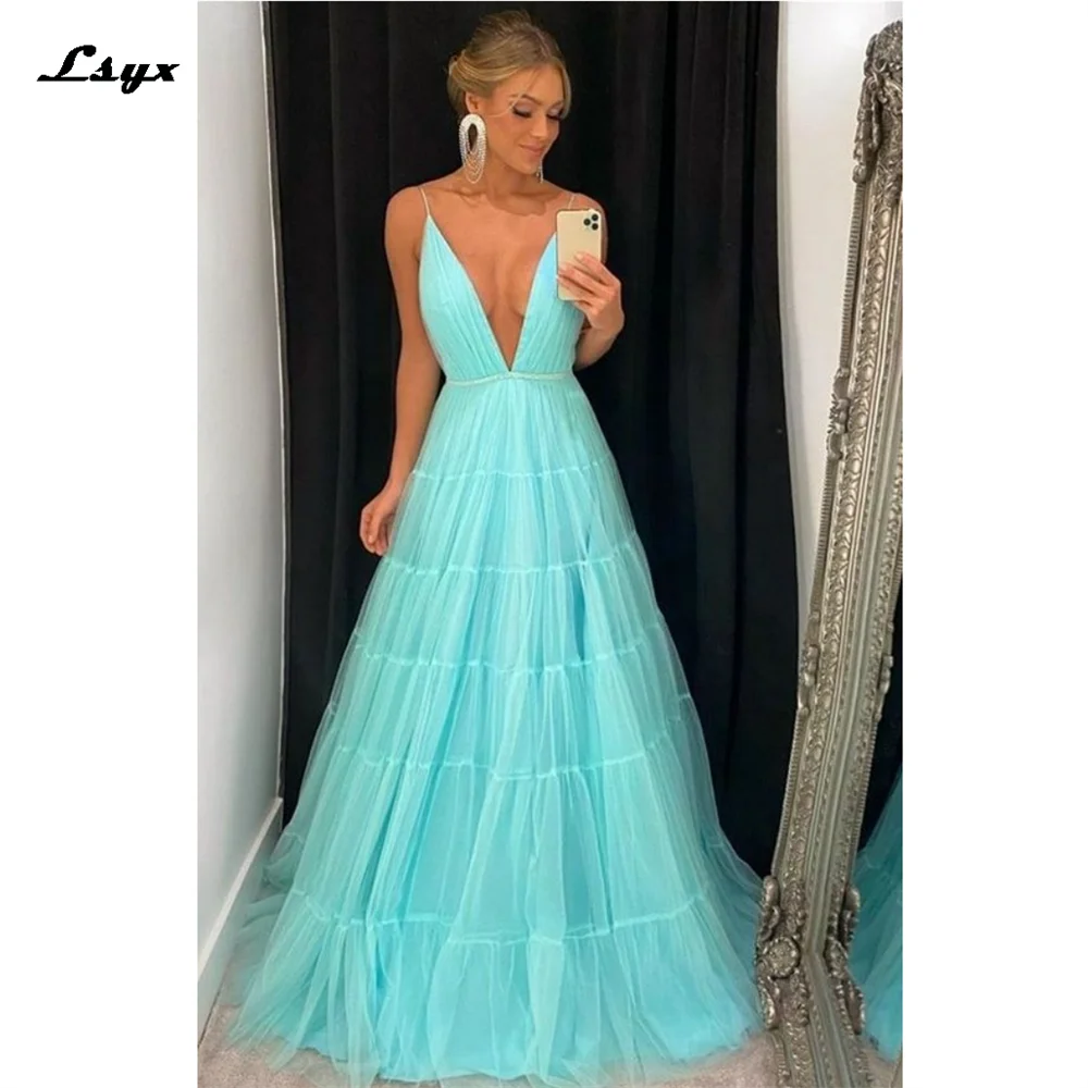 

LSYX Spaghetti Strap Prom Dress 2023 Light Blue فستان سهرة Sexy Open Back Vestido De Novia Deep V-neck A-line Prom Gown